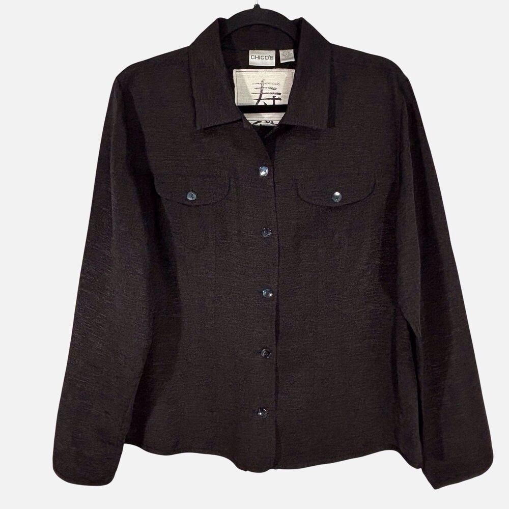 Chicos Size 2 Silk Linen Jacquard Jacket Black Large Lagenlook Minimalist Asian